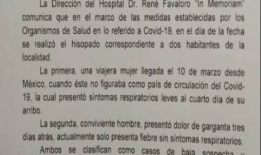 CORONAVIRUS: DOS CASOS SOSPECHOSOS EN HUINCA