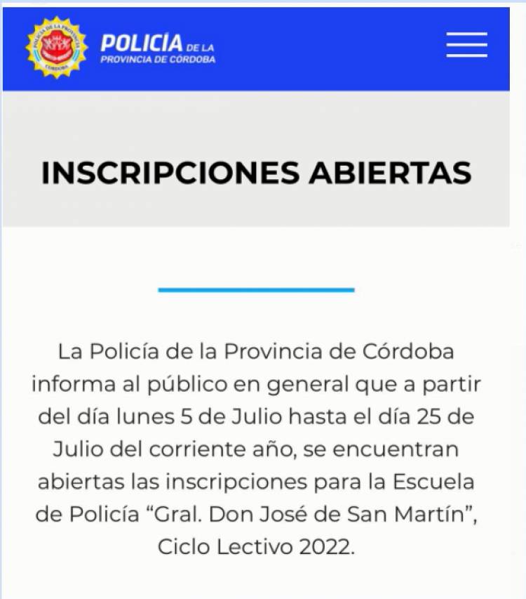 APERTURA DE INSCRIPCIONES PARA LA POLICÍA DE CÓRDOBA