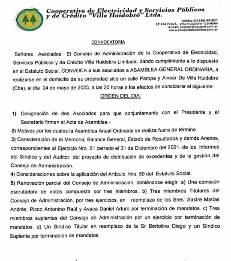 LA COOPERATIVA CONVOCA A ASAMBLEA GENERAL ORDINARIA